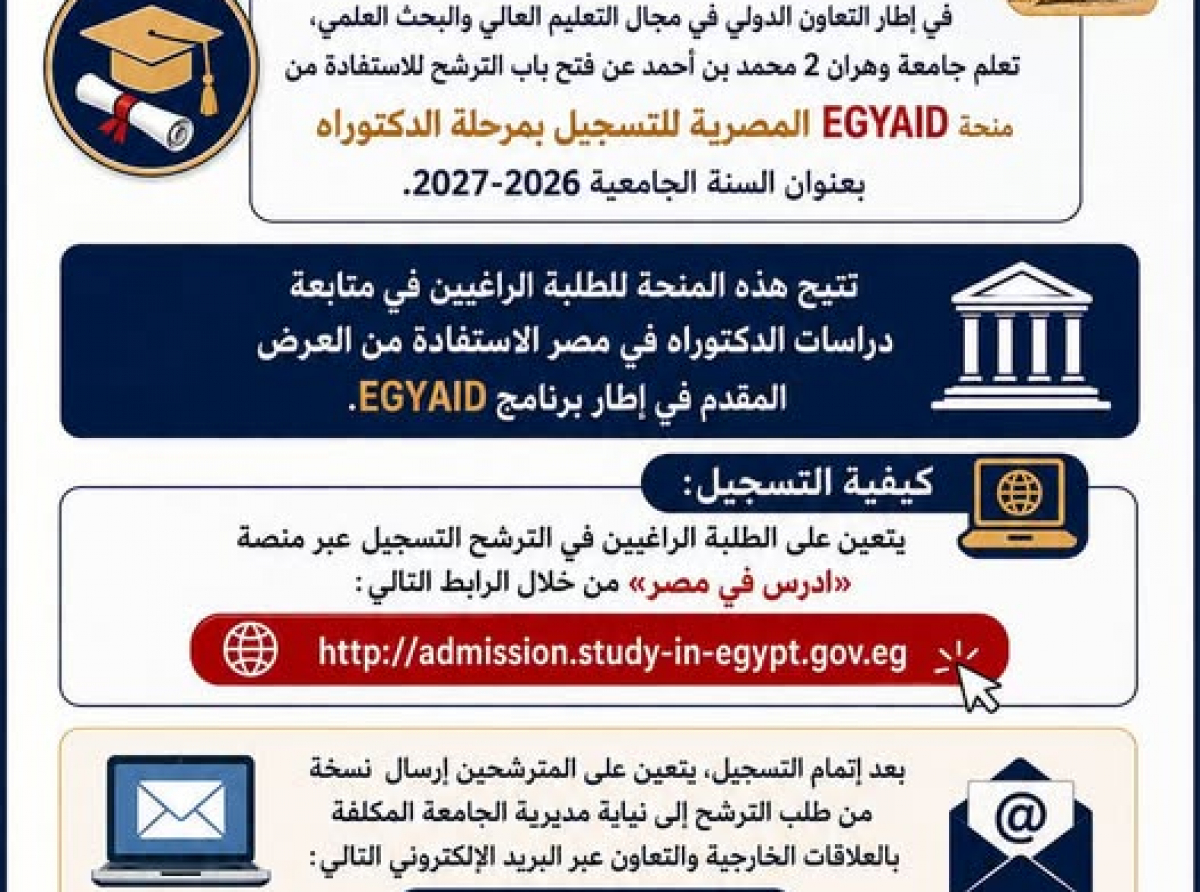 Annonce concernant une bourse d’études pour l’inscription en doctorat en Égypte.